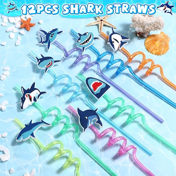 110Pcs Shark Party Favors Birthday Supplies, Straws Bubble Wands Slap Bracelet Keychain Tattoo Sticker Toy Gift Baby Kids Boys Shark Valentines Goodie Bag Stuffer Ocean Under the Sea Party Favors
