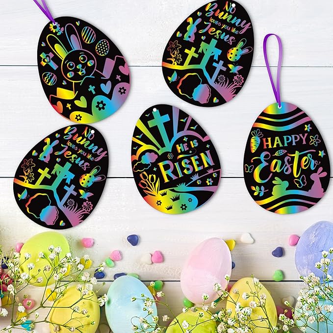 BeYumi 60Pcs Easter Eggs Scratch Cards for Kids DIY Magic Rainbow Color Craft Kit Paper Art Party Favors Christian Easter Eggs Resurrection Religious Sunday School Classroom Decorations Supplies Gifts