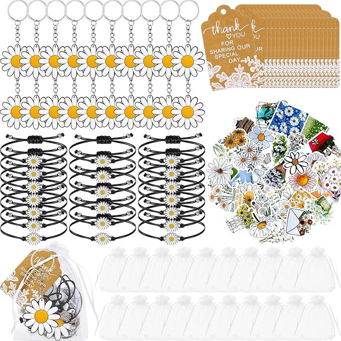 Tuanse 130 Pcs Daisy Party Favors Including Daisy Keychains Adjustable Daisy Bracelets PVC Daisy Stickers Thank You Kraft Tags Organza Bags for Birthday Spring Party Wedding School Reward