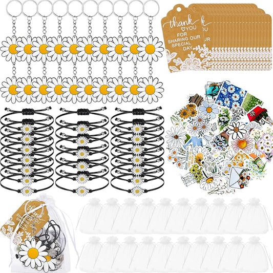Tuanse 130 Pcs Daisy Party Favors Including Daisy Keychains Adjustable Daisy Bracelets PVC Daisy Stickers Thank You Kraft Tags Organza Bags for Birthday Spring Party Wedding School Reward