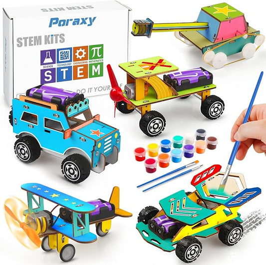 Poraxy STEM Kits for Kids Age 8-10, 5 Set STEM Toys for Boys Age 8-12, Wooden 3D Puzzles Model Car Kits, Science Kit Crafts Building Project, Birthday Gifts for 6 7 8 9 10 11 12 13 Year Old Boys Girls