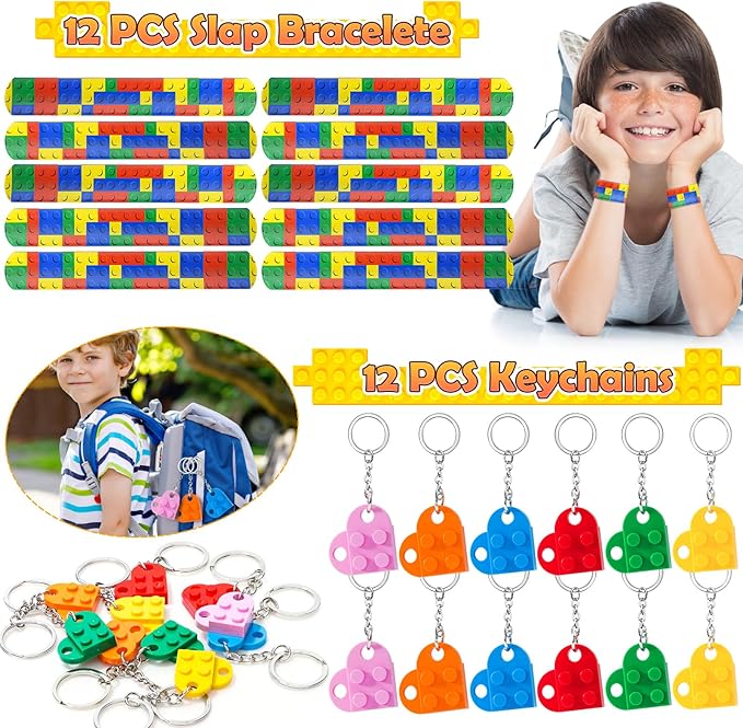 Building Blocks Party Favors Birthday Supplies for Kids, Gift Box Straw Mini Bubble Wand Button Pin Slap Bracelet Keychain, Goody Bag Stuffer Filler Girls Boys Game Carnival Classroom Prize Decor