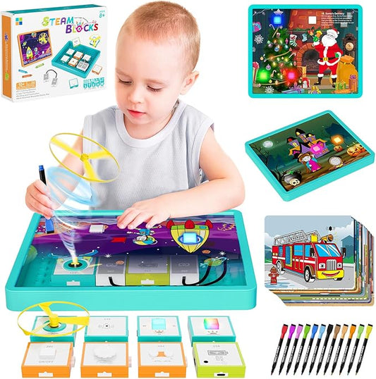 Electronics Exploration Kit, STEM Modularization Circuit Blocks Board with 20 DIY Coloring Scenes, 12 Modules, Full-Color Project Manual, Educational Toy for Kids 8+ (Light Green)