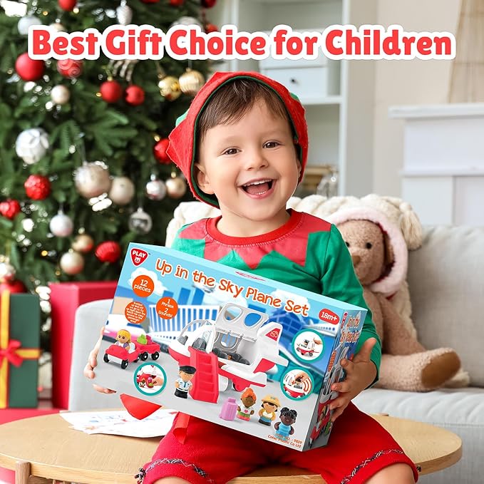 PLAY Airplane Toy for Kids - Toddler Airplane Toys Travel Plane Toys for Kids 2+ Years Old with Small Figures & Baggage Carrier, Musical Toy Airplane with Lights for Boys Girls Gifts Birthday (Red)