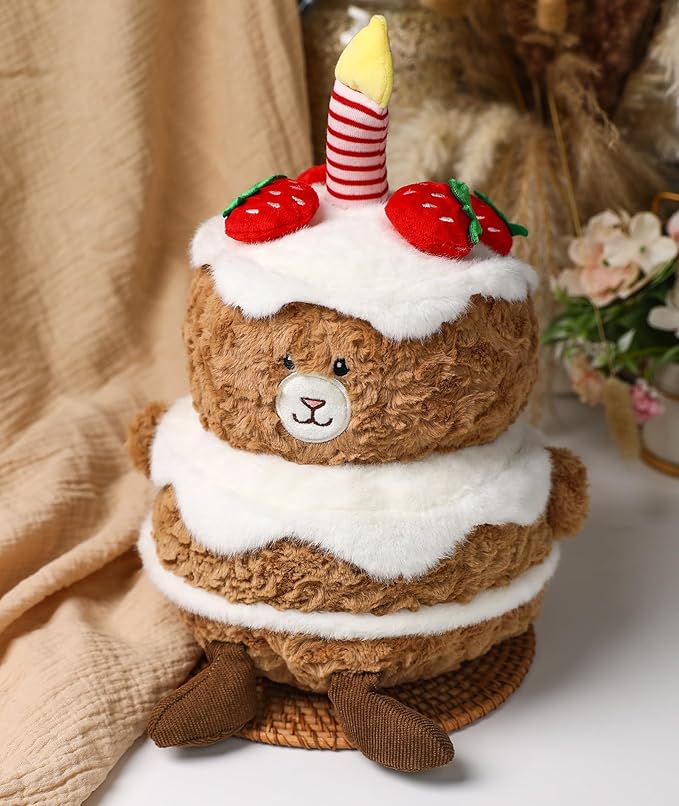 Birthday Plush Toy Bear Stuffed - Adorable Cake Stuffed Animal, Cute Teddy Bear Face with Candle, Huggable Kids' Gifts, Party Decorations, 13 Inch