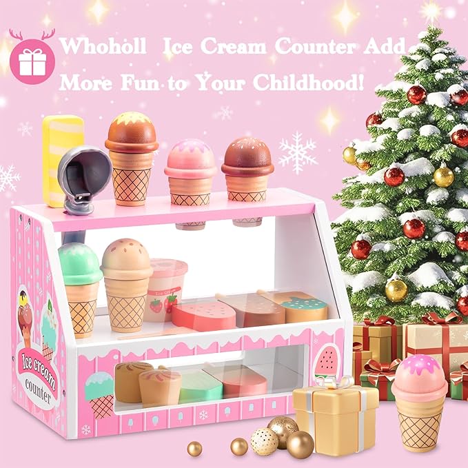 WHOHOLL Wooden Ice Cream Counter Playset for Toddler Girl Toys, Play Store Pretend Toy Food Play Kitchen Accessories with Fake Money & Coin, Christmas Birthday Gifts for 3+ Year Old Kids (Pink)