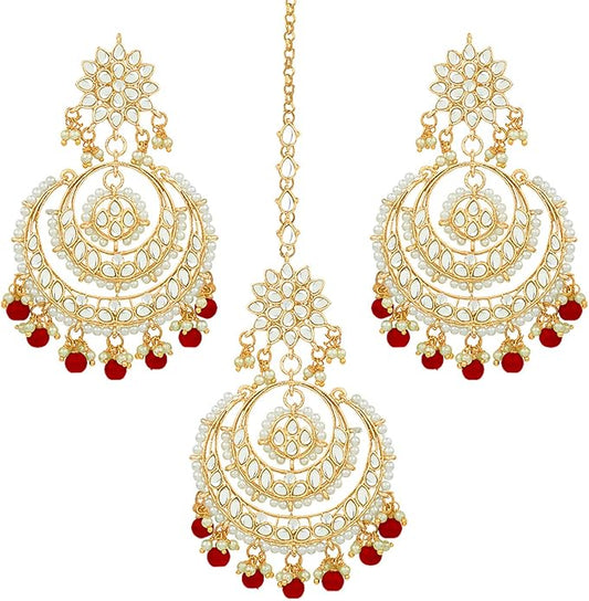 Aheli Bollywood Ethnic Chandbali Style Big Earrings Maang Tikka Set Traditional Fashion Jewelry Gift for Women