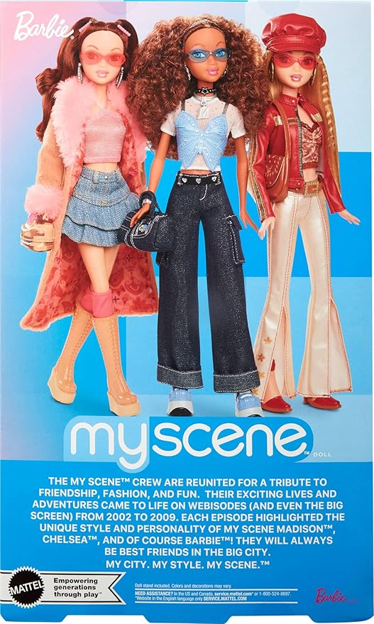 Barbie Signature My Scene Madison Doll & Accessories, Y2K-Inspired Outfit with Butterfly Top, Cargo Jeans, Denim Bag & Display Stand