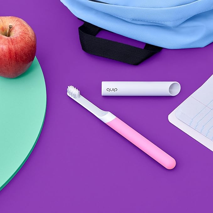 Quip Sonic Toothbrush for Kids with Timer - Includes Extra Brush Head and Travel Cover Mount - Electric, Soft Bristle Refill Head, Rubber Handle, 3 Month Battery Life - Travel Toothbrush - Pink