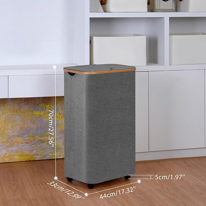 Laundry Basket with Wheels,100L Hampers for Laundry,Large Laundry Hamper with Lid and Bamboo Handles,Collapsible & Waterproof Tall Cloth Hamper for Dormitory Family,Grey