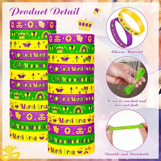 Wettarn 100 Pcs Mardi Gras Silicone Bracelets Mardi Gras Rubber Bracelets Mardi Gras Carnival Bracelet Set Mardi Gras Party Favors for Goodie Bag Favor Stuffers Birthday Party Favors Supplies