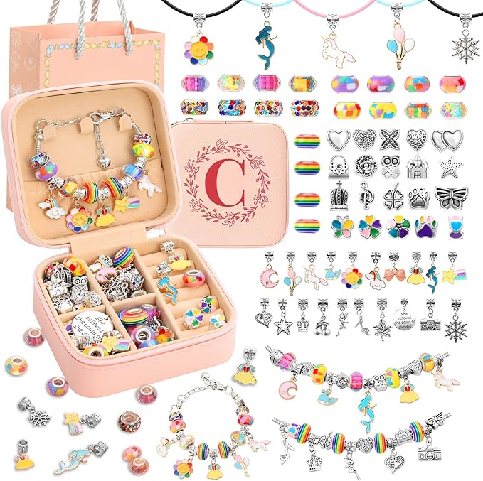 Charm Bracelet Making Kit for Girls 3-12, Kids Jewelry Making Kit 66Pcs Jewelry Kits for Girls Ages 8-12 Jewelry Maker Craft Necklace Birthday Christmas Gifts with Initial Jewelry Organizer Box - C
