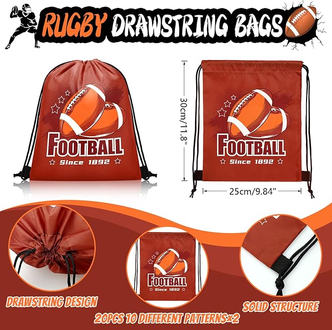 110 Pcs Football Party Favors Drawstring Backpack with Keychains Silicone Bracelets Stickers for Sports Birthday Supplies Goodie Bags Football Themed Presents