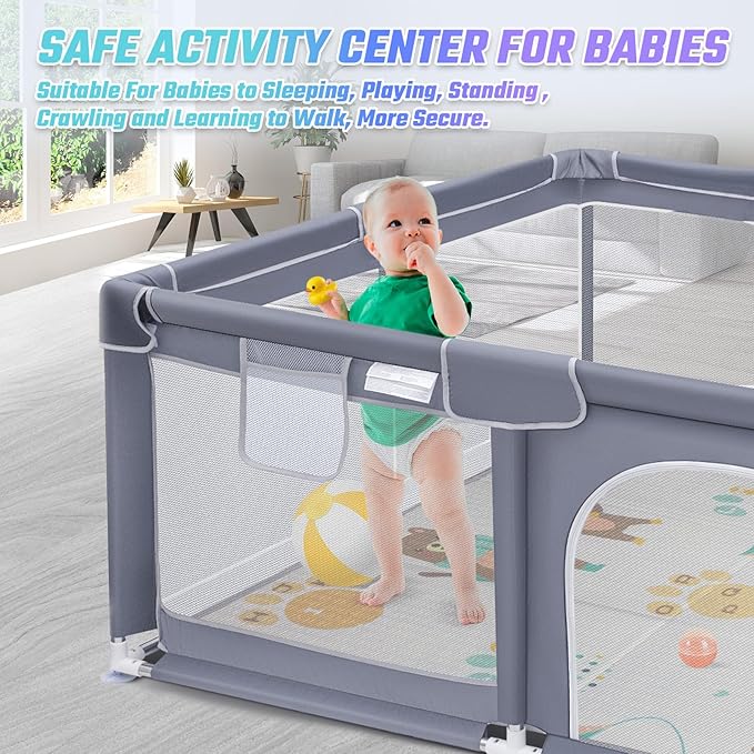Suposeu Baby Playpen with Mat, Portable Baby Play Yard for Toddler, Safety Baby Gate playpen with Soft Breathable Mesh, Indoor and Outdoor, Large Kids Activity Centery (Grey)