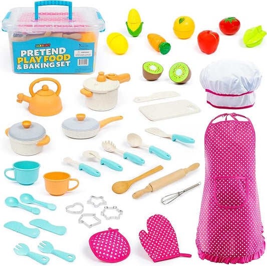 Kids Cooking and Baking Chef Set with Sliceable Play Food - Pretend Play Toddler Kitchen Toys - Kid Chef Apron, Fruit, Veggies, Hat & Utensils Kids Toy (Chef Set with Play Food)