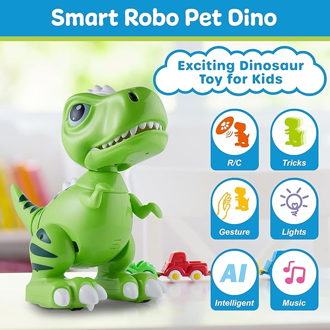 Robo Pets T-Rex Dinosaur Toy for Boys and Girls- Remote Control Robot Toy with LED Light Eyes, Interactive Hand Motion Gestures, STEM Programmable Treats Toys, Walking, Dancing Robot Dinosaur for Kids