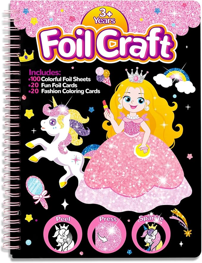 Syahro Art Craft Activity for Kids: Foil Funny Princess, Unicorn and Mermaid Carefree Creative Travel Set, Idea for 3 4 5 6 7 8 9 Year Old Girls,Art Travel Toy Suitable for Girls