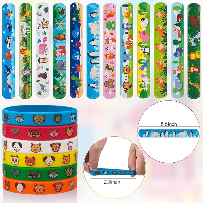 48 PCS Party Favors Slap Bracelets for Kids Animal Rubber Bracelets Silicone Wristbands for Birthday Party Supplies Classroom Prizes Christmas Easter Halloween Holiday Gifts