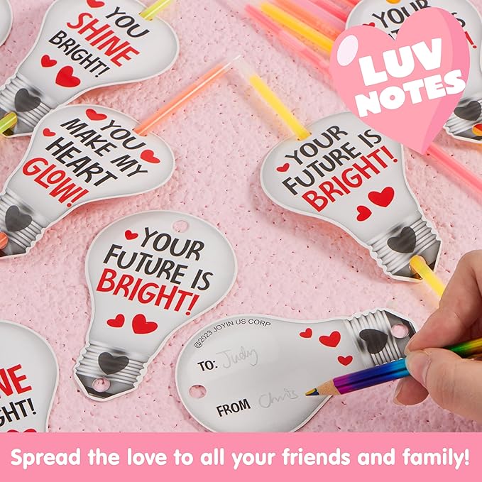 JOYIN 36 Packs Neon Valentines Day Gift Bulb Cards with Glow Sticks, Glow Necklaces for Valentine's Party Favor, Valentine Classroom Exchange Cards, Valentine School Prize