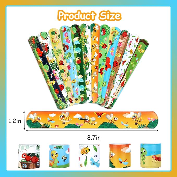 Serencatcher 48Pcs Bug Slap Bracelets, Bug Insect Party Favors Wristbands Bracelets with Ladybug Caterpillar Butterflies Snails Snap for Wild Insect Animal Birthday Party Decorations
