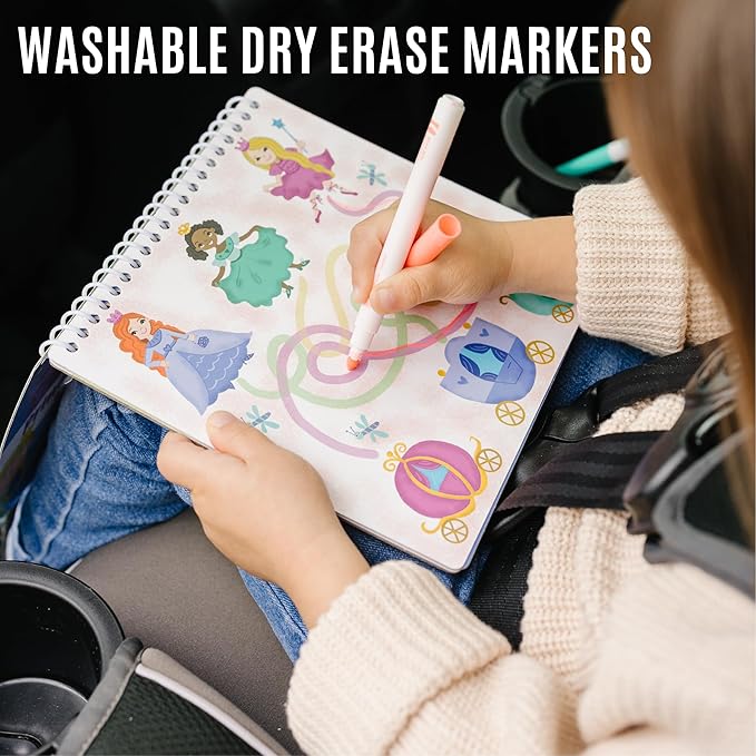 Kids Small Size Travel Educational Activity Book with Washable Markers (7"x7") - Car and Airplane Activities, Learning Toys for Toddlers - Search and Find, Reusable Stickers for Ages 4, 5, 6 (Space)