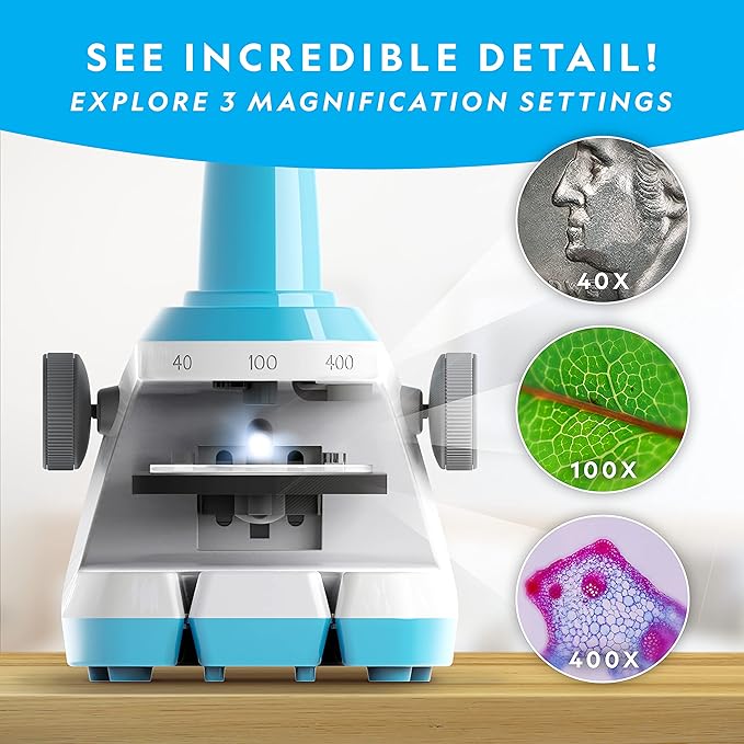 National Geographic Microscope for Kids - Science Kit with an Easy-to-Use Kids Microscope, Up to 400x Zoom, Blank and Prepared Slides, Gifts for 6 7 8 9 & 10, STEM Project Toy (Amazon Exclusive)