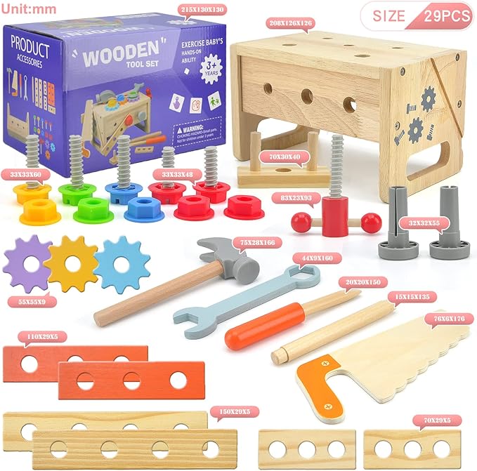 Wooden Tool Set for Boys - Montessori Toys for 2 3 4 5 Year Old,29Pcs Kids Tool Sets, Learning Educational Building Construction Sets,Toddler Boy Toys for 2 3 4 5 Year Old Boy