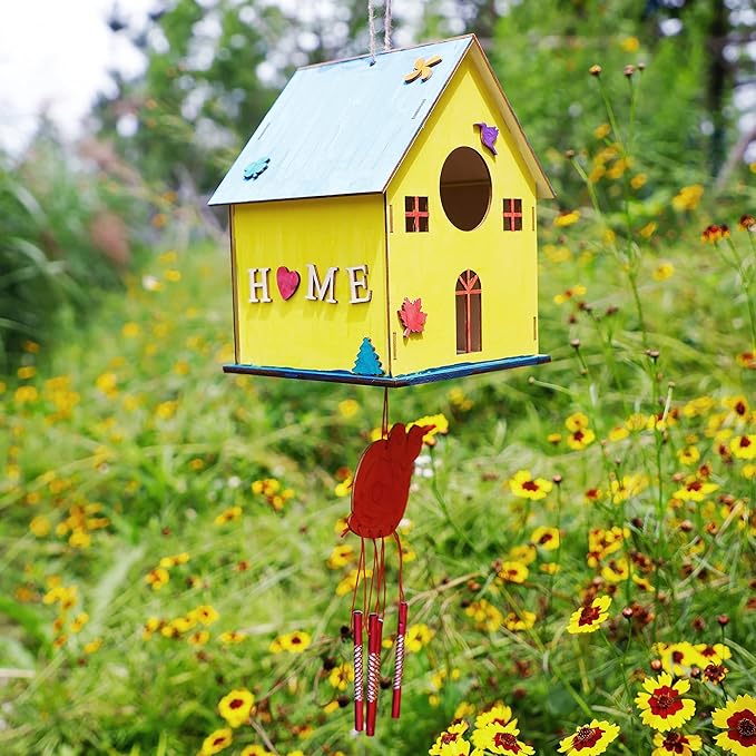 3 Pack Bird Houses for Outside, DIY Bird House Wind Chime Kit, Bird House Kits for Children to Build, Wooden Bird Houses to Paint, Wooden Craft Kits for Kids Girls Boys Toddlers