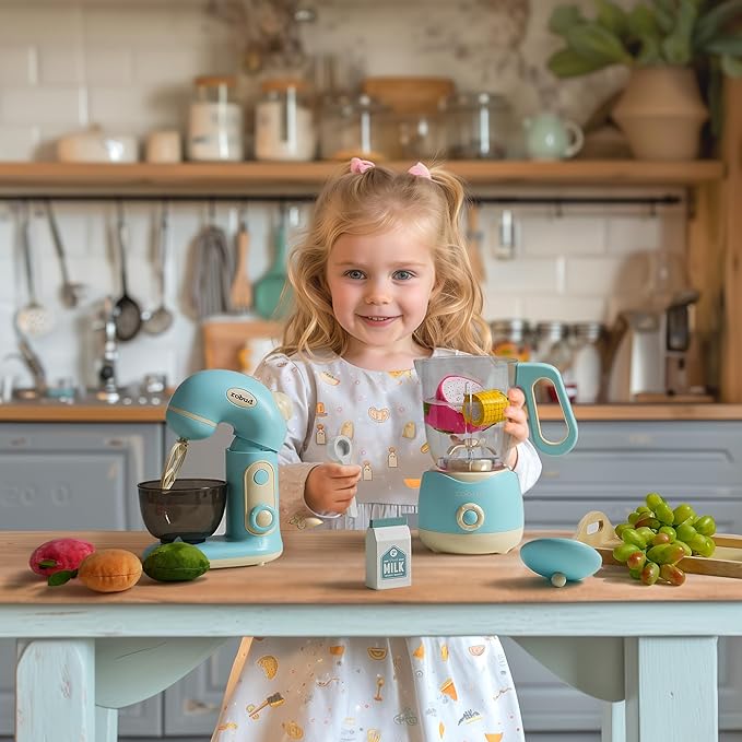 ROBUD Play Kitchen Toys, Toy Blender and Toy Juicer Set, Pretend Play Kitchen Appliances Toy Set with Accessories, Realistic Light and Sound, Boys & Girls Toys Ages 3+