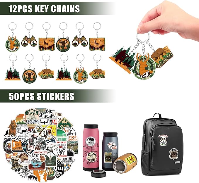 Tazimi 110 PCS Hunting Party Favors Hunting Birthday Party Supplies Camo Party Favors with Hunting Keychains Stickers Rubber Bracelets Button Pins and Bags for Hunting Theme Party