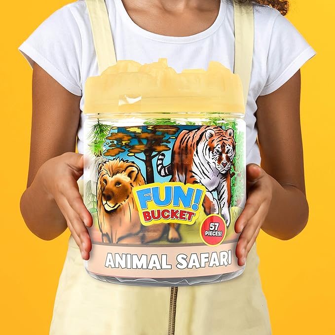 Sunny Days Entertainment Wild Animal Adventure Safari Bucket – 57 Piece Toy Play Set for Kids | Plastic Jungle Figures Playset with Storage Container