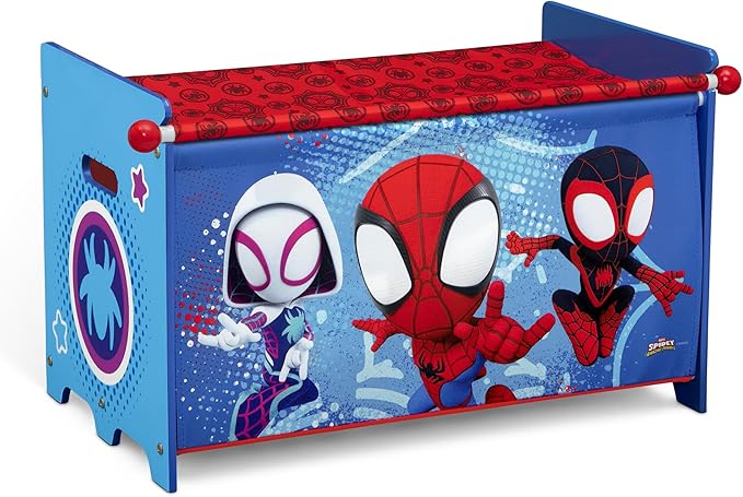 Delta Children - Marvel Spidey and His Amazing Friends 4-Piece Toddler Room-in-a-Box Set – Includes Sleep and Play Toddler Bed, Table, 1 Chair and Toy Box, Blue/Red