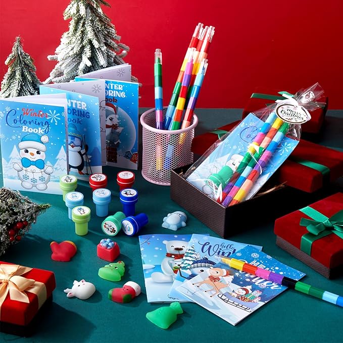 Zhanmai 108 Pcs Christmas Party Favors Bible Coloring Book with Stacking Crayons for Kids Squishes Christmas Toys DIY Sticker Stampers Goodie Bag Fillers Supplies School Educational Reward Prizes