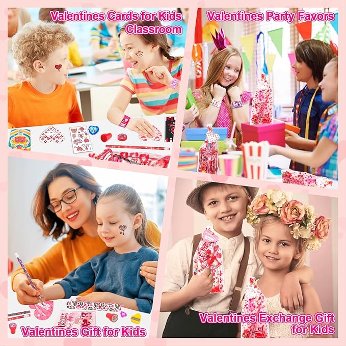 Valentine's Day Gifts for Kids, 240Pcs Classroom Exchange Stationery Set with Card,Pencil, Sharpener, Eraser, Notebook,Slap Bracelet, Stamp,Tattoo Sticker, Goodie Bag Stuffers for School Party Favors