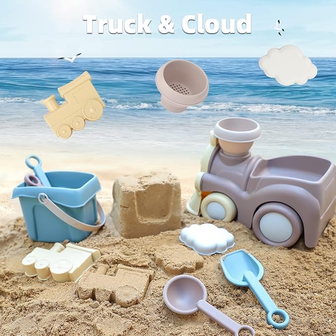 QLT Beach Toys for Toddlers - Kids Sand Toys Include Train Beach Truck, Beach Bucket, Scoop, Trowel, Colander, Rake, Sand Castle Toys - Sandbox Toys with Gift Box