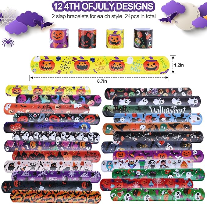 xutengy 48Pcs Halloween Party Favors Decorations Slap Bracelets Rubber Wristbands, Trick or Treat Party Favors, Classroom Prizes, Halloween Party Gift Treat Bag Filler Supply