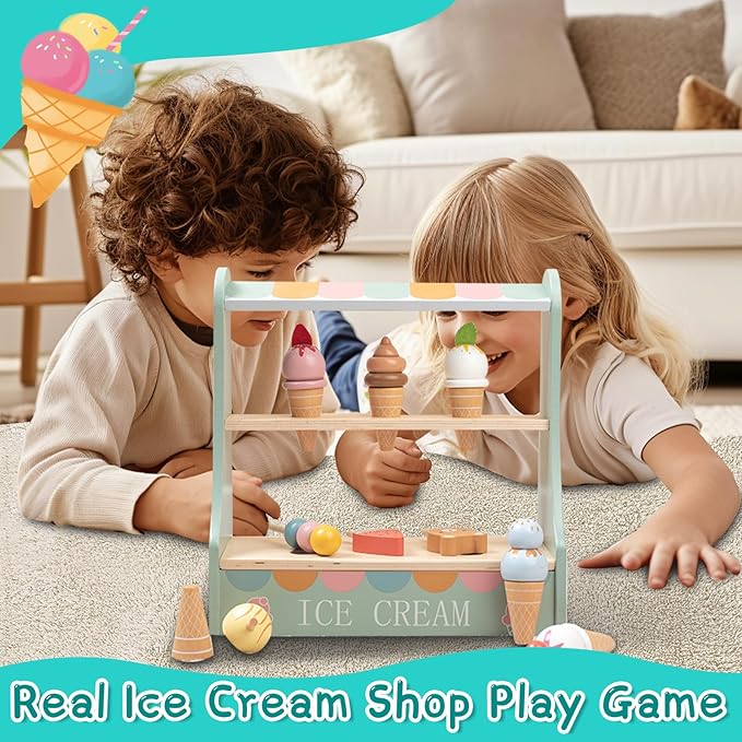 Wooden Ice Cream Play Set, Ice Cream Shop Playset for Skills Development, Ice Cream Toy,Ice Cream Play Set, Ice Cream Toy for Toddlers 3 4 5 6, for Girls and Boys