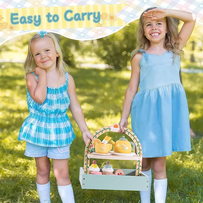 Toyssa Wooden Tea Party Set for Little Girls Toys Toddler Tea Set with Storage Cupcake Stand & Play Kitchen Accessories, Wooden Toys for Toddlers 2 3 4 5 6 Years Old, Birthday Kids Girls Gifts 1-3