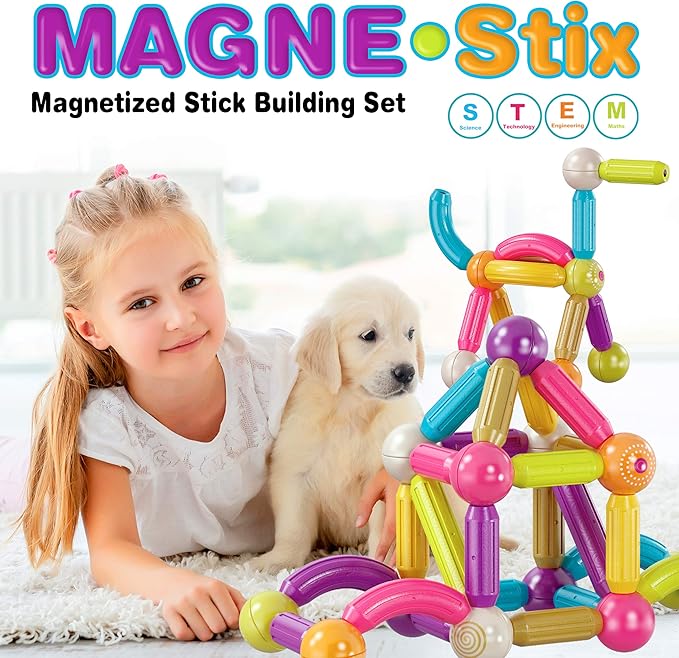 Contixo ST2 Kids Magnetic Stix Stick 68 PCs 3D Building Blocks STEM Construction Playboards Creativity, Imagination, Recreational, Educational for Children Toddler, 3+ Year Old Boys and Girls