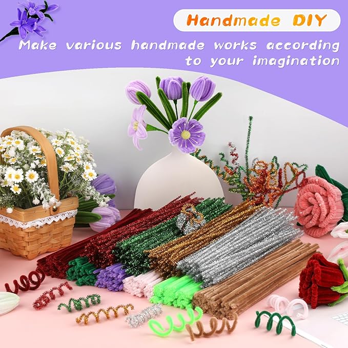 Pipe Cleaners, 100Pcs Pipe Cleaners Supplies for Flower Making DIY Craft, Chenille Stems Art Supplies for Festivals Bouquet DIY Crafts Decorations/Purple