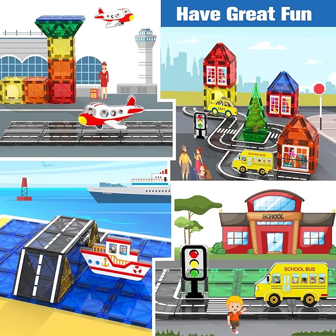 Magnetic Tiles Road Toys for 3+ Year Old Toddler, Magnetic Blocks Building Toys for Kids Ages 3-5 5-7 Girls Boys, STEM Montessori Sensory Toys, Classroom Must Haves