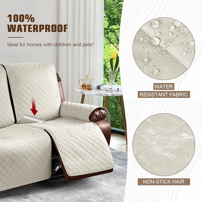 KinCam Waterproof Loveseat Recliner Cover, Non-Slip Reclining Couch Covers for 2 Seat, Recliner Sofa Cover Furniture Protector with Elastic Straps for Kids, Pets, Ivory