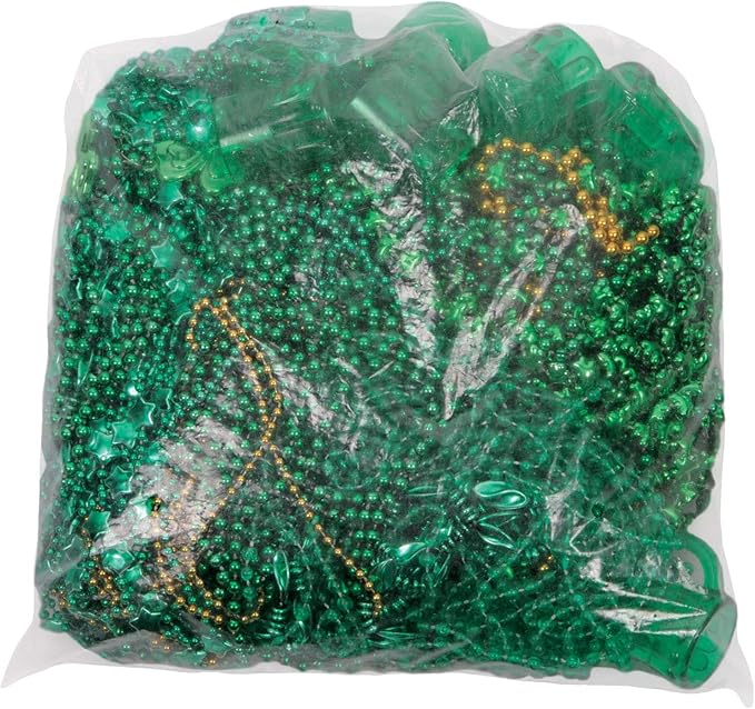 Beistle Happy St Patrick's Day Plastic Beaded Necklace Assortment 100 Piece Shamrock Party Favors, 24" & 33", Green/Gold
