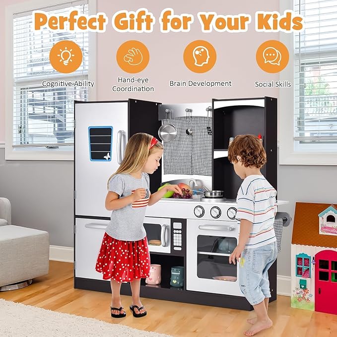 HOMGX Multi-Function Children's Kitchen Toy Set, Wooden Chef Pretend Toy Set w/Microwave, Stove, Sink, Faucet, Storage Cabinet & Shelf,Children's Play Kitchen for Boys & Girls Over 3 Years Old