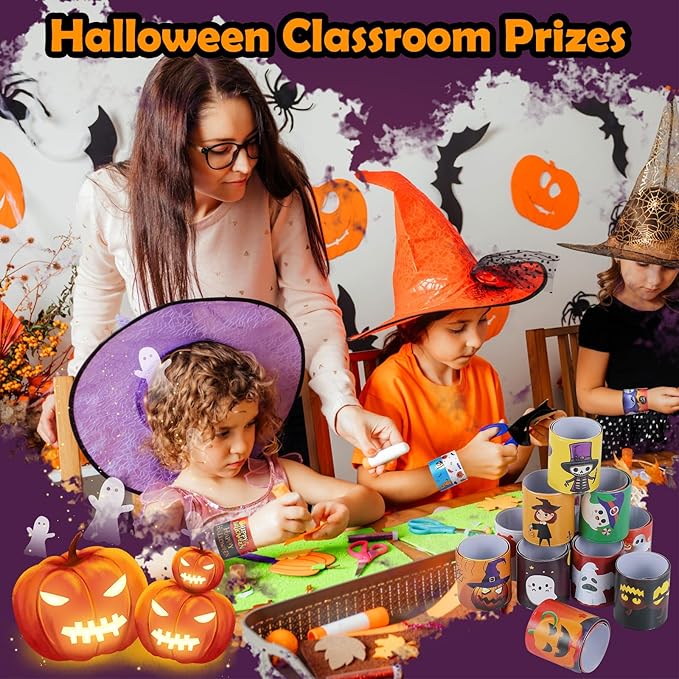 Halloween Slap Bracelets 36 PCS Bulk Halloween Party Favors for Kids Pumpkin Ghost Snap Bracelet Party Supplies Goodie Bag Fillers Stuffers Student Classroom Prizes Toys Halloween Gifts for Girls Boys