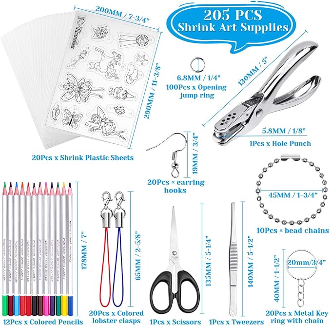 shynek 205 Pieces Shrinky Art Keychain Kit, Include 20 Pcs Shrinky Plastic Sheet and 185 PCS Keychain Accessories for Creative Art Craft