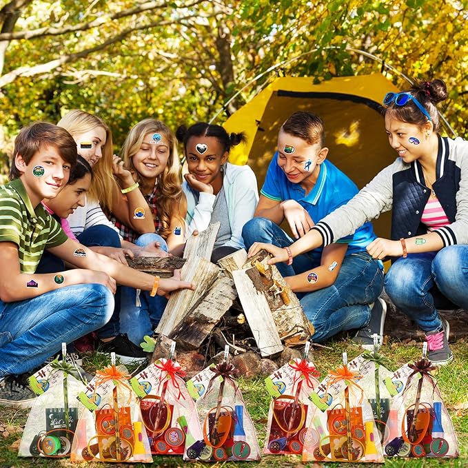 210 Pcs Camping Party Favors Camper Birthday Party Decoration Notepad Pencil Sharpener Eraser Badge Sticker Bracelet Compass Tag Keychain Flashlight Bag for Camping Theme Adventure Supplies