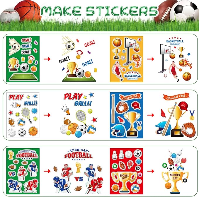 Sports Party Favors - Sports Theme Birthday Party Supplies Decorations, Gift Bags, Slap Bracelets, Rubber Bracelets, Tattoo Stickers, Button Pin, DIY Stickers for Boys Girls Kids Party Favor