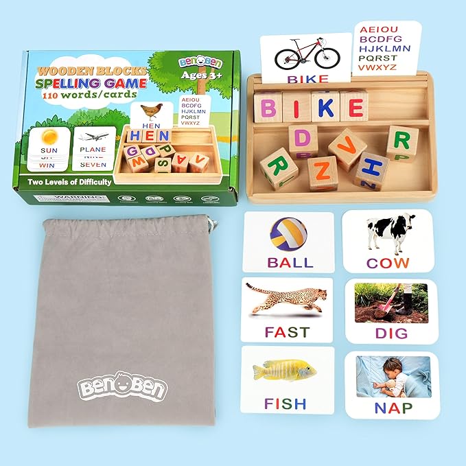 BenBen Spelling Games with 110 Flash Cards, Montessori Toys for 3 4 5 6 Years Old Kids, Wooden Matching Letters Toys, CVC Word Educational Learning Toys, Gift for Preschool Kindergarten