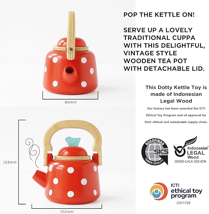 Le Toy Van - Honeybake Wooden Dotty Kettle - Breakfast Set Pretend Kitchen Play Toy Set | Girls or Boys Role Play Kitchen Accessories | Suitable for Boys and Girls